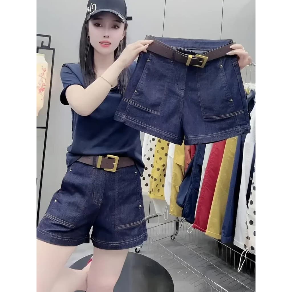 Tamanho grande 2025 verão cintura alta azul Denim Shorts feminino forma de pêra gordura mm solto mais magro olhar perna