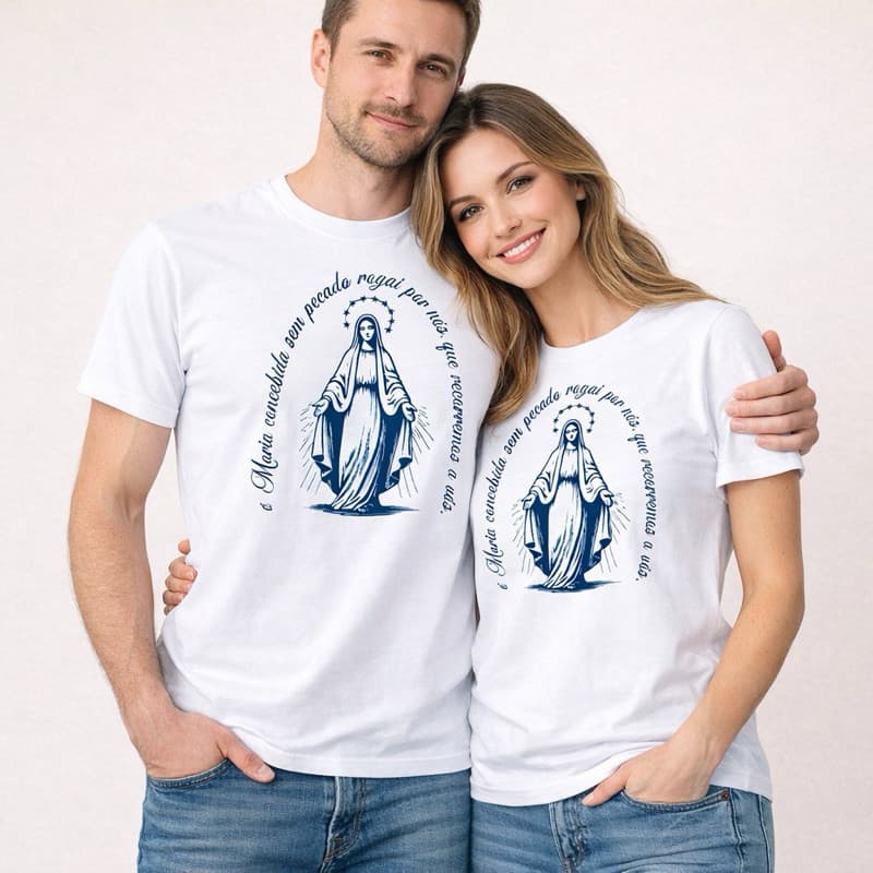 Camiseta Católica Nossa Senhora das Graças Kit Casal 2 Unidades – Camisetas Religiosas Algodão Premium Leve Confortável