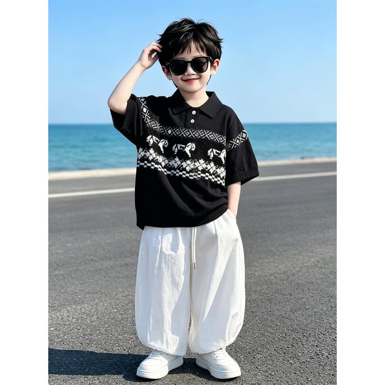 Meninos verão esportes terno 2026 novo estilo roupas infantis de manga curta camisa POLO Anti-Mosquito calças de duas pe