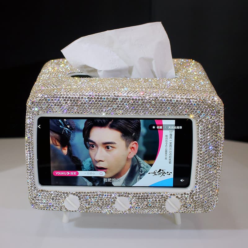 Caixa de tecido modelo de TV cravejado de diamantes, suporte para celular, quarto, multifuncional, fofa, casa, armazenam