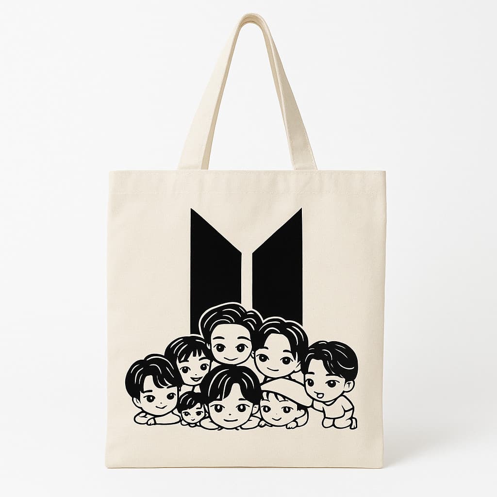 Ecobag BTS Chibi | Bolsa Tote Bag 100% Algodão Cru Reforçada | K-Pop ARMY | Presente Exclusivo para Fãs