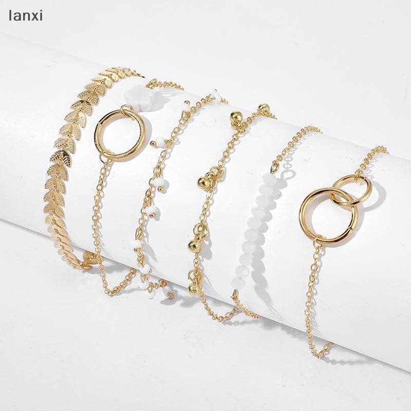 [LANXI] 6 Pçs/Set Boho Pulseira Conjunto Mulheres sels Folhas Correntes Circulares Joias