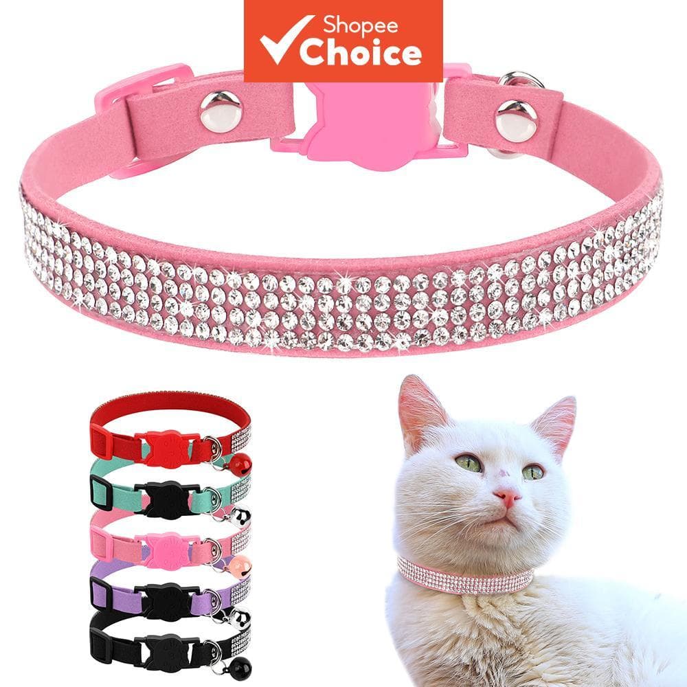 Coleira de Couro Camurça Rosa Macia para Gatos - Design com Strass Brilhantes, com Sininho e Fecho de Segurança de