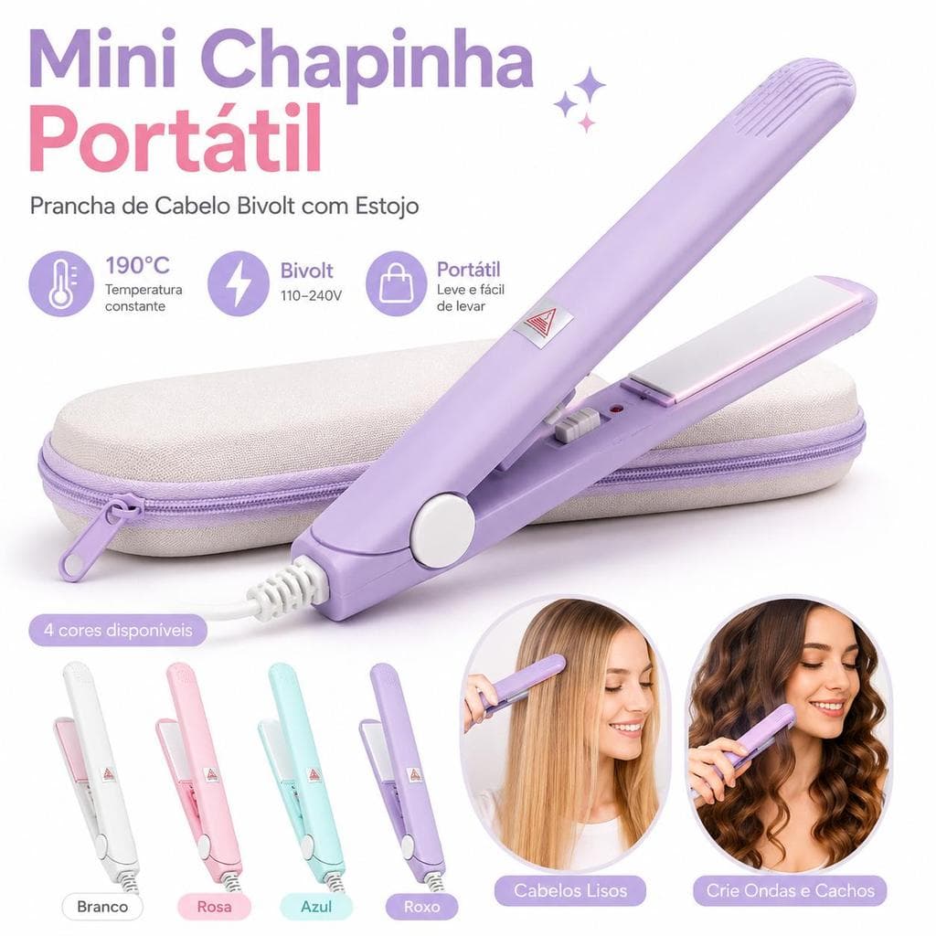 Mini Chapinha Portátil Bivolt 110–240V com Estojo, Prancha de Cabelo Compacta 190°C para Alisar e Modelar