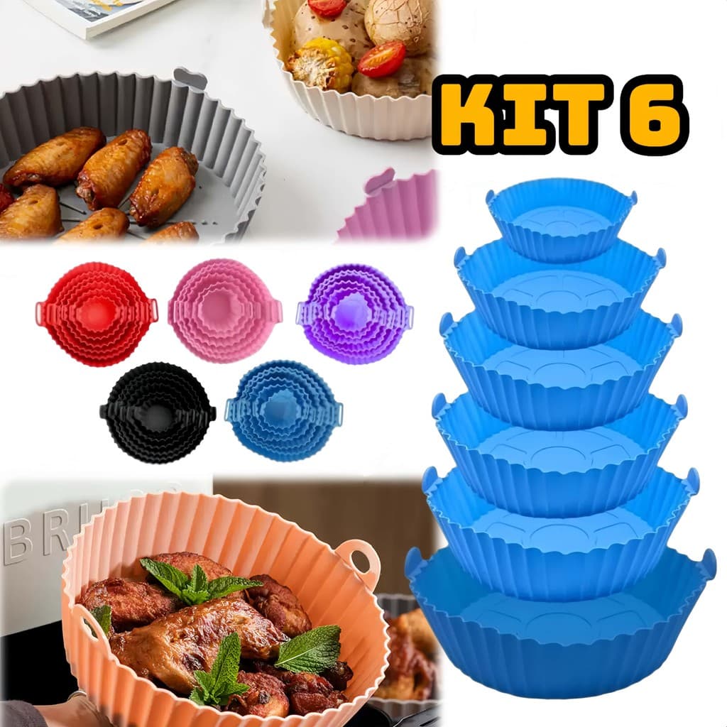 Kit 6 Forma de Silicone para Fritadeira Air Fryer com Alça Antiaderente Cozinha Forma de Airfryer Silicone 6 Tamanhos