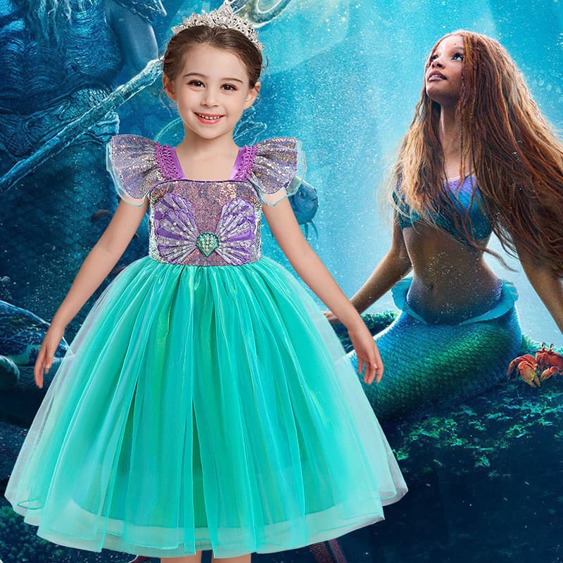 Vestido de Princesa Sereia para Meninas, Roupa de Festa de Aniversário de Verão, Manga Curta, Moda para Crianças de 3 a