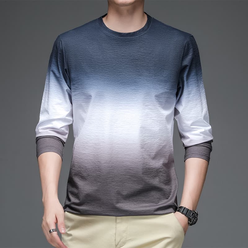 Cor gradiente de manga comprida camiseta masculina primavera verão seda gelo em torno do pescoço exterior usar camisa de