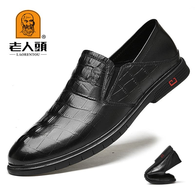 Sapatos Masculinos De Couro De Cabeça De Idosos Couro Genuíno Sola Macia Respirável Sapatos Casuais Padrão De Crocodilo
