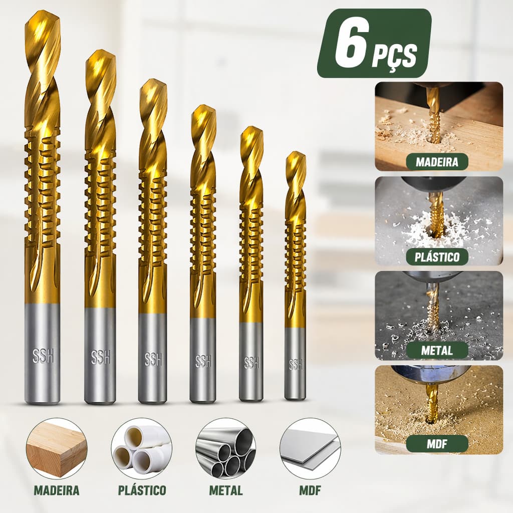 Jogo 6 Brocas Revestidas Titânio Corte Lateral Espiral Hss