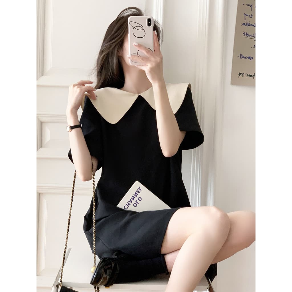 Vestido preto com gola de boneca, feminino, verão 2024, novo estilo, francês, retrô, estilo suave, laço traseiro, saia s