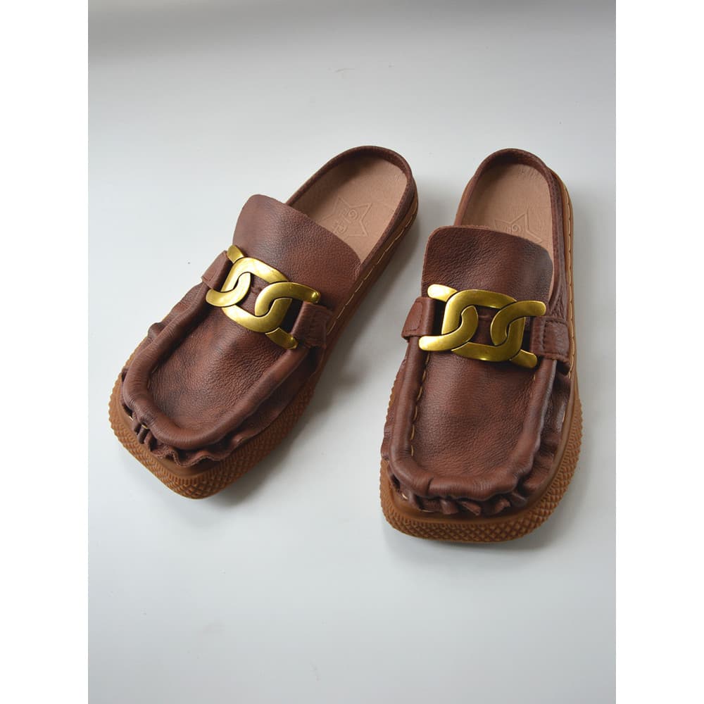 Moda versão coreana couro genuíno toe-Baotou meia chinelos feminino Mori bonito bebê dedo do pé quadrado um Pedal mão-co