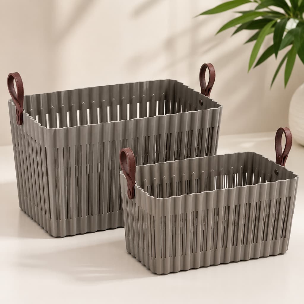 Kit 2 Caixas Organizadoras Multiuso com Alças Cestos Organizadores Banheiro Cozinha Closet Guarda-Roupa Branco Cinza