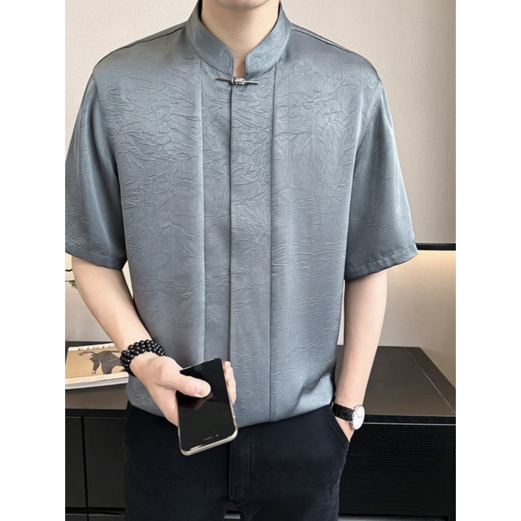 2024 novo estilo chinês estilo chinês High-End roupas masculinas verão Drape gelo seda em relevo camisa de manga média C