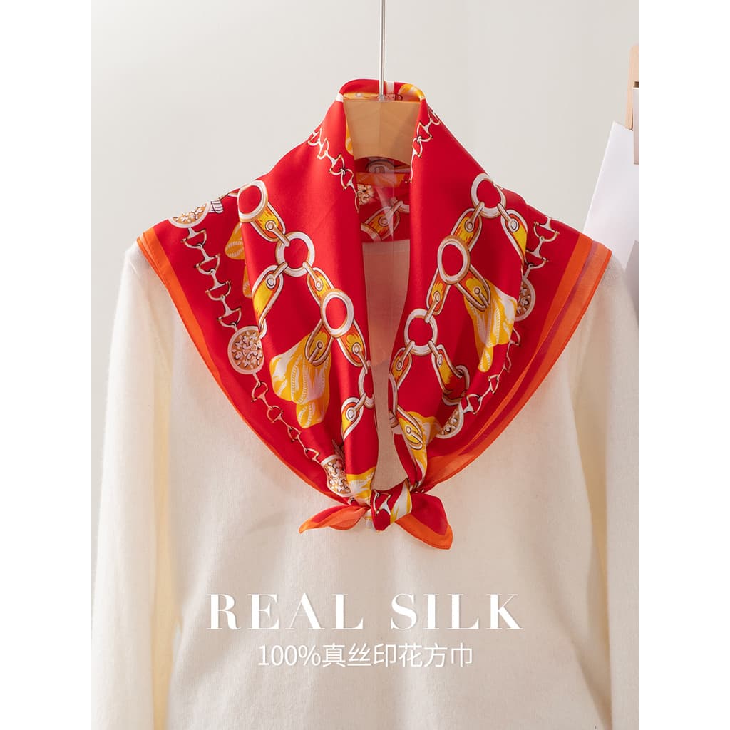 Lenço quadrado de seda com corrente vermelha, lenço pequeno de seda amoreira, estilo mãe, primavera, verão, inverno, cac