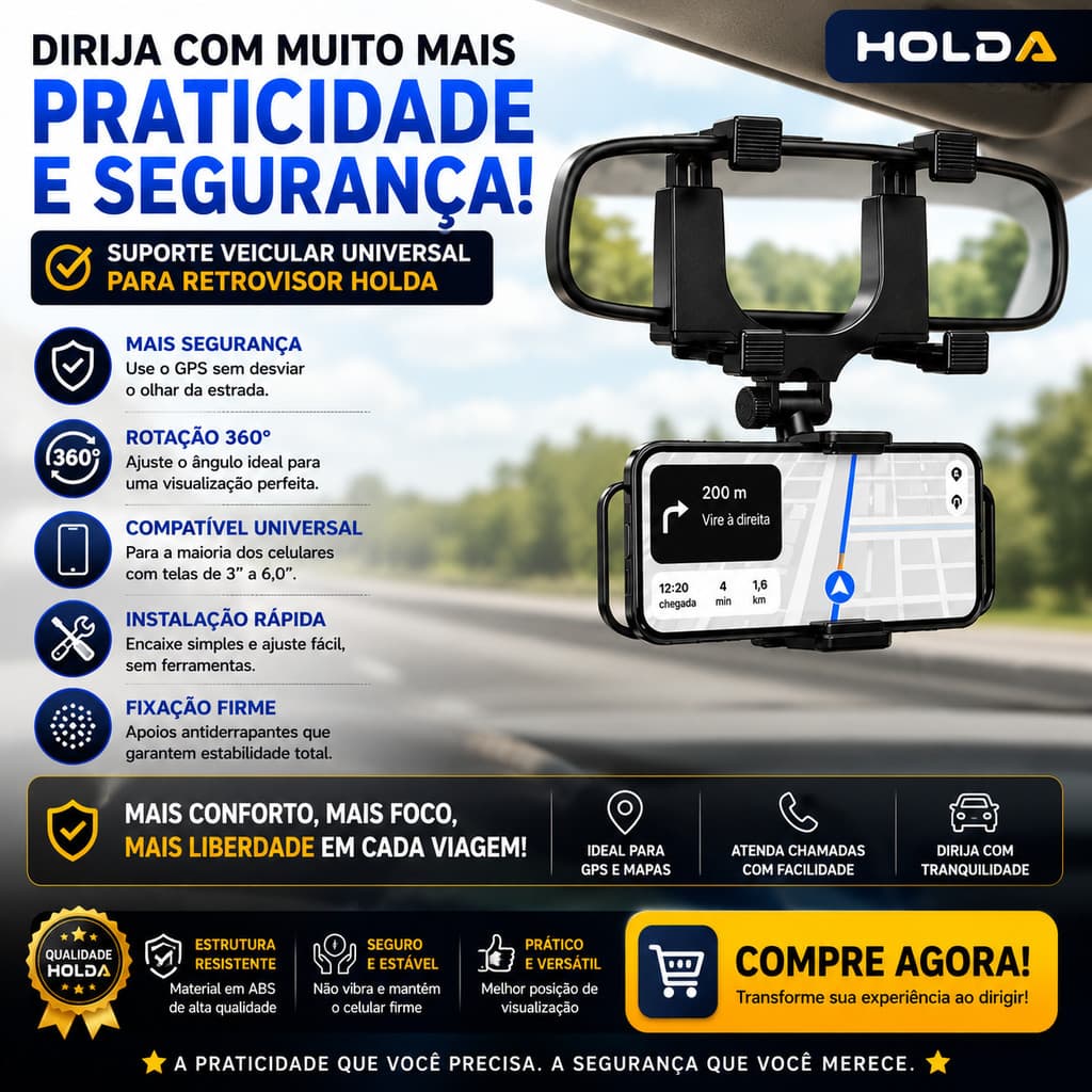 Suporte para Celular no Retrovisor - Universal, Extensível, Giro 360°, Fixação Segura...