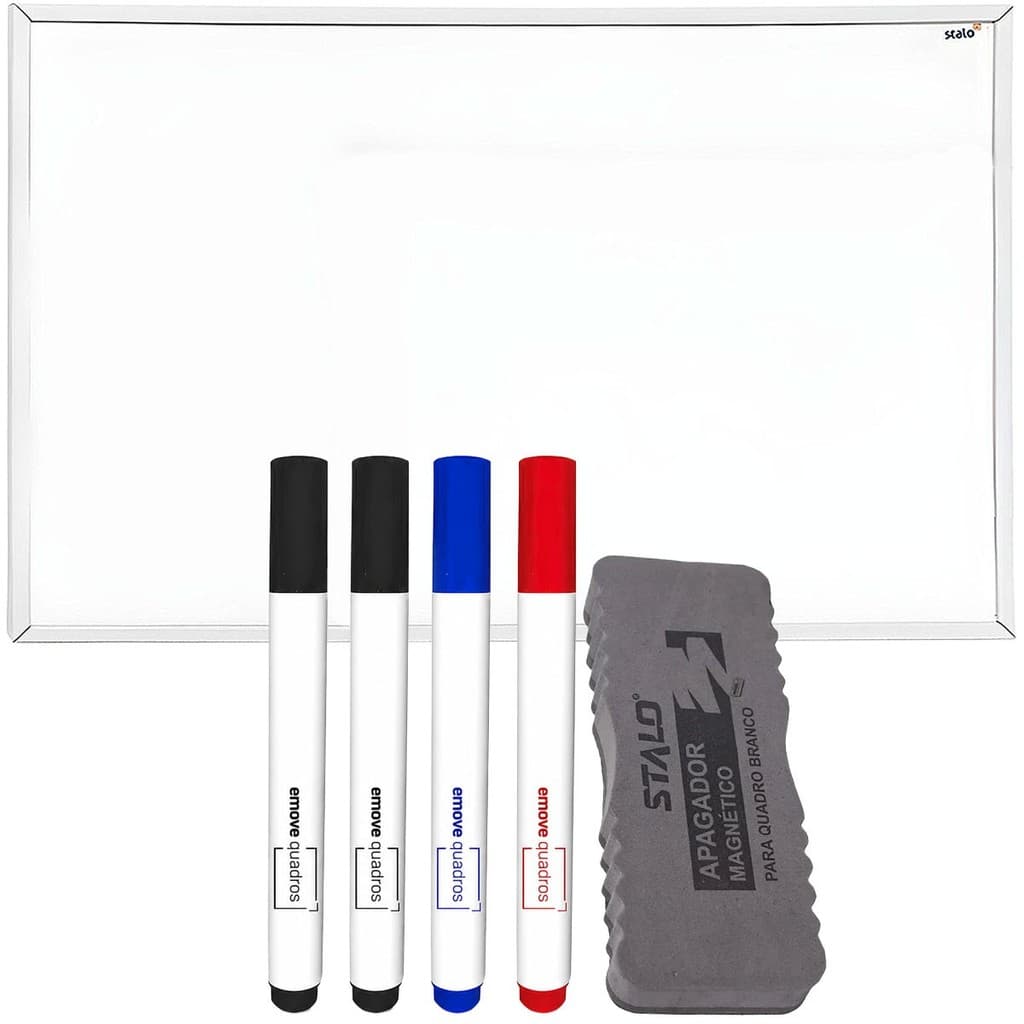 Kit Lousa Quadro Branco 60x40 Magnetico Mdf Branco Fit 4 Canetas Pincel + Apagador Escolar Stalo