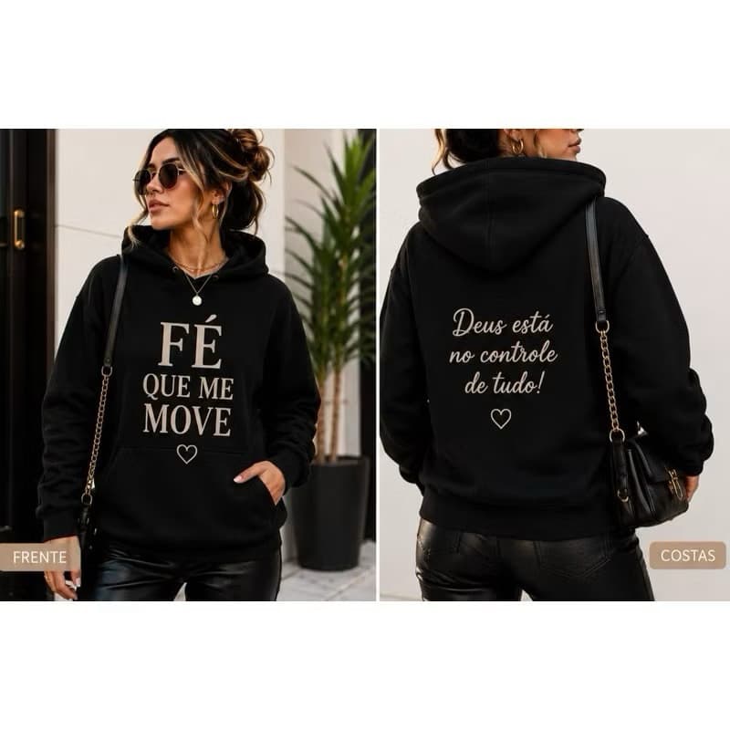 Moletom Feminino Estampado Frase Fé Que Me Move Gospel Cristão Com Capuz Estiloso