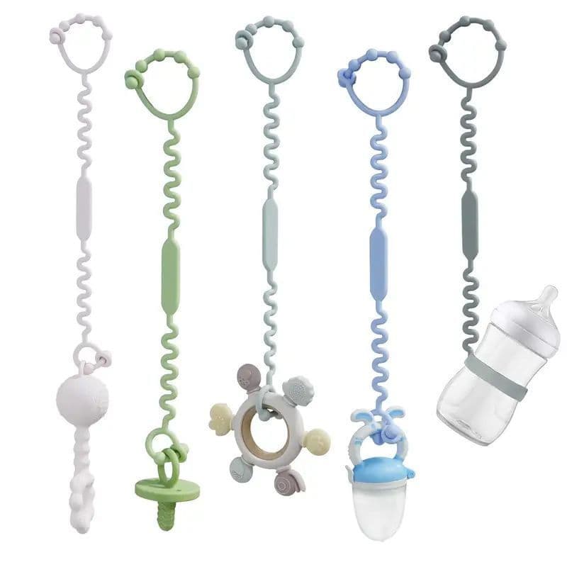 Conjunto 5 em 1 de Brinquedo de Silicone para Dentição de Bebê e Prendedor de Chupeta – Ajustável, Livre de BPA, Adequad