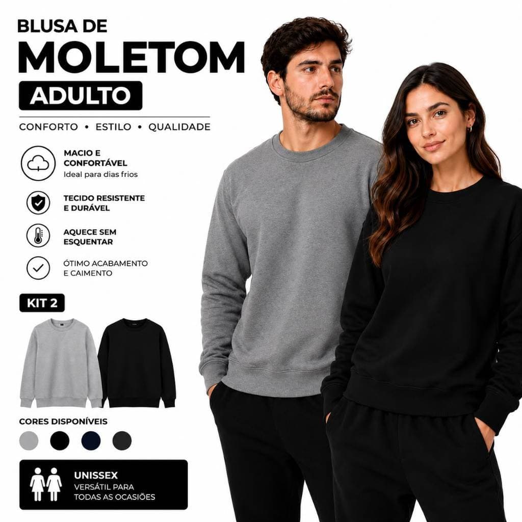 Kit 2 Blusa de Frio Moletom Careca Gola Redonda Unissex Casual Masculino Feminino Algodão