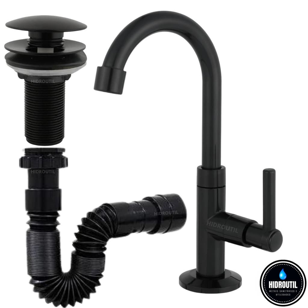 Kit Torneira Pia de Banheiro Preta ABS Válvula Click Lavatório  7/8 Sifão Universal