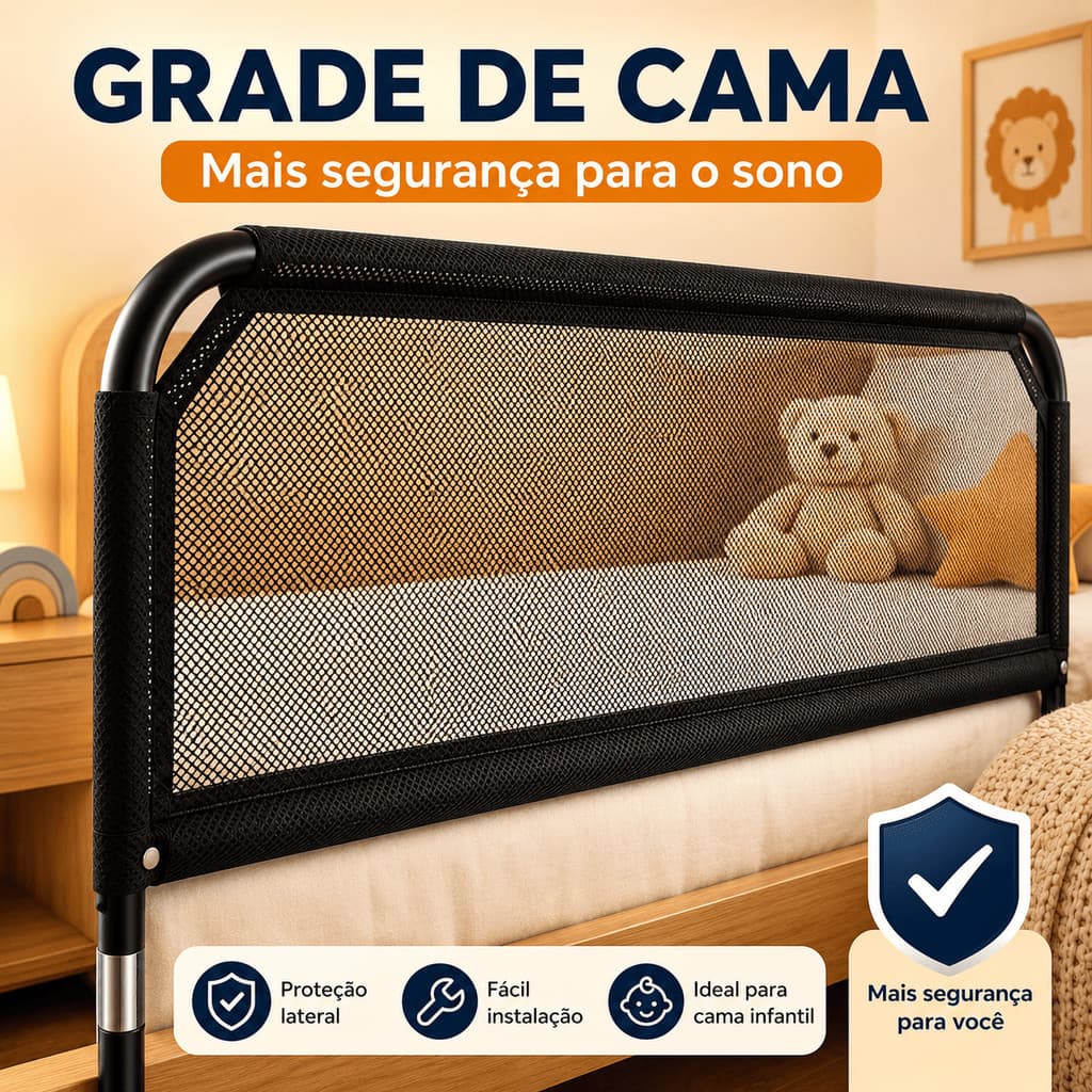 Grade Cama Antiqueda Preta Bebê Criança 94cm Sem Furar Proteção Universal Cama Solteiro