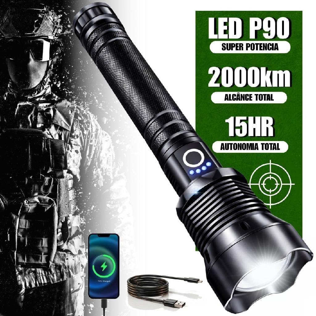 Lanterna LED P90 Recarregavel Camping Trilha Zoom IPX7 Plus