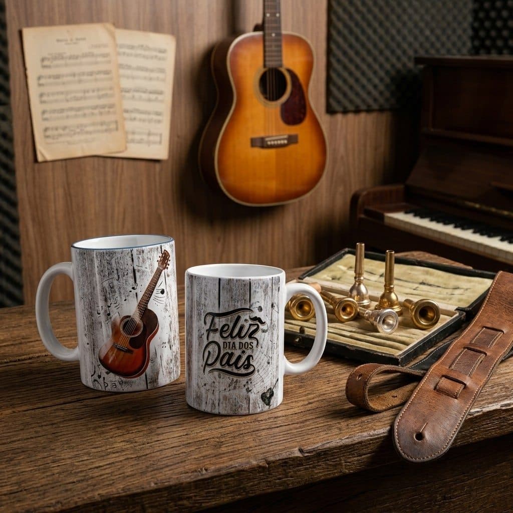 Caneca Musica Violão Cerâmica 325 ml Dia dos Pais