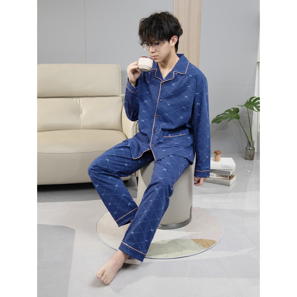 Homens pijamas de algodão puro primavera outono estilo fino manga comprida médio juventude tamanho grande 150kg algodão