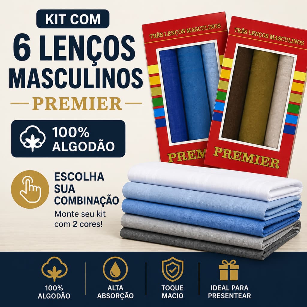 Kit 6 Lenço de Bolso Masculino 100% Algodão 32x32cm Premier