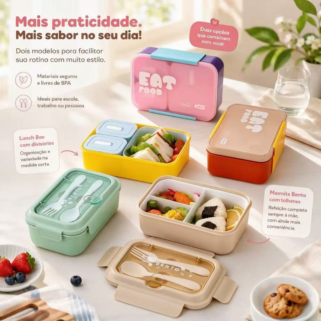 Lancheira Hermética com Divisórias e Talheres Porta Alimentos Livre de BPA 800ml Portátil