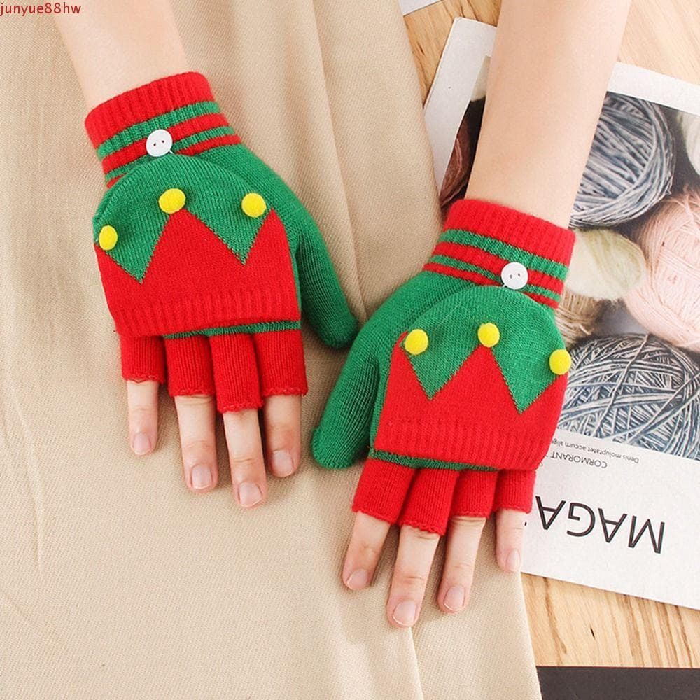 JUNYUE Luvas Femininas De Malha Flip , Padrão De Papai Noel Alce , Árvore De Natal , À Prova De Vento , Tela Sensível Ao