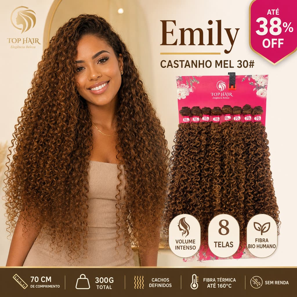 Cabelo Cacheado Fibra Bio Humano 70cm 8Telas 300g Top Hair EMILY