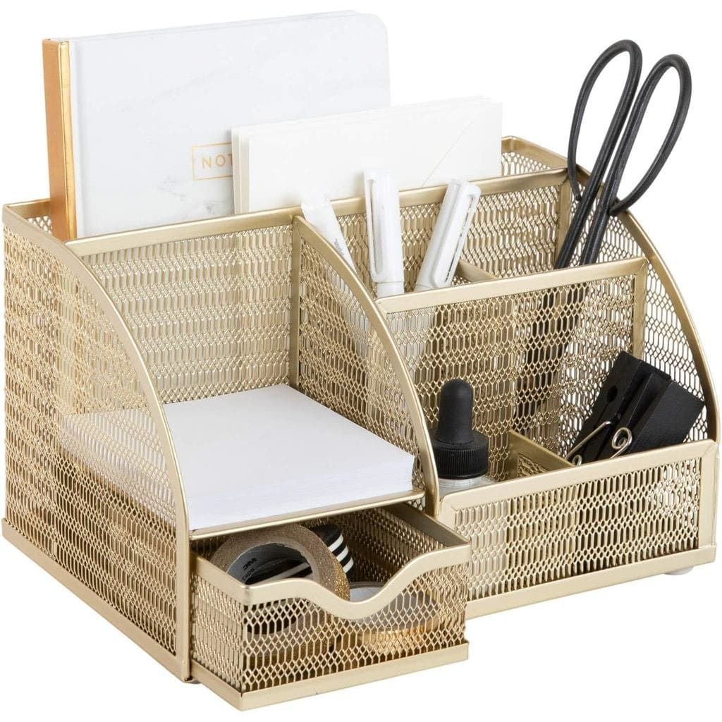 MONACO AZUL |   Organizador de Mesa Dourado com Gaveta |   Organizador de Mesa em Metal com Seis Compartimentos para Mat