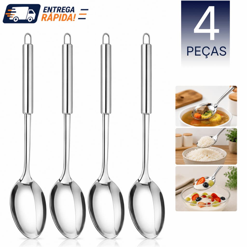 Colher de Servir Aço Inox 32cm Grande Kit 3 6 9 Peças Utensílio Cozinha Restaurante Buffet Premium Arroz