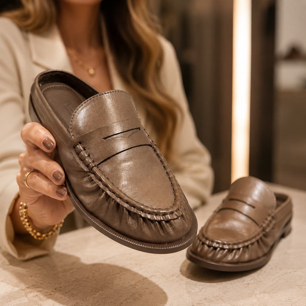 Mocassim Mule Feminino Taupe Metalizado Loafer Confortável Salto Baixo Casual para Trabalho