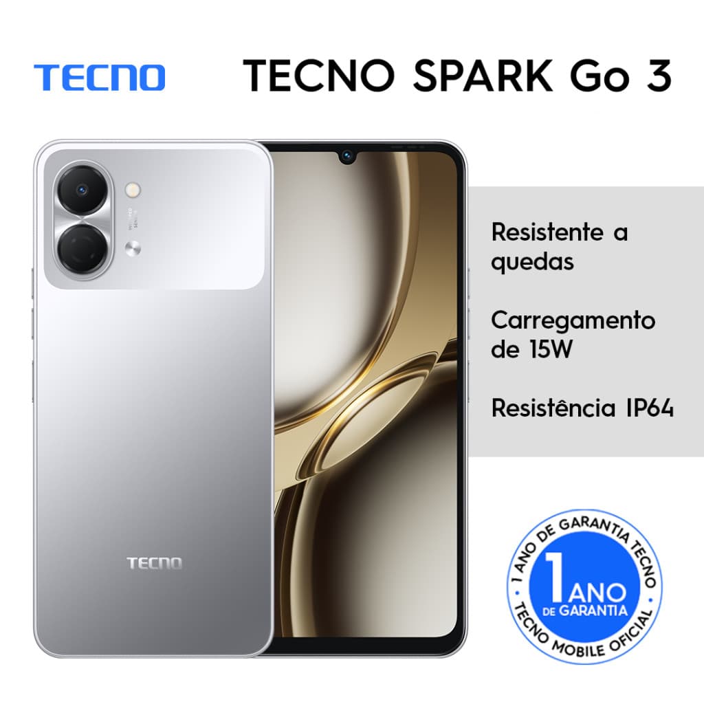 Celular TECNO Spark Go 3 128GB Tela 120Hz Android 15 Bateria 5000mAh Câmera 13MP IP64 Dual SIM