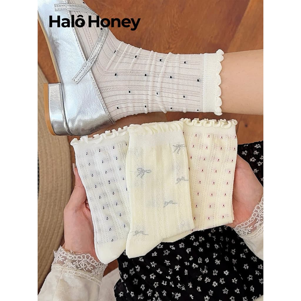 Meias de renda branca femininas meias de tubo médio ins na moda puro algodão verão estilo fino japonês jk bolinhas arco