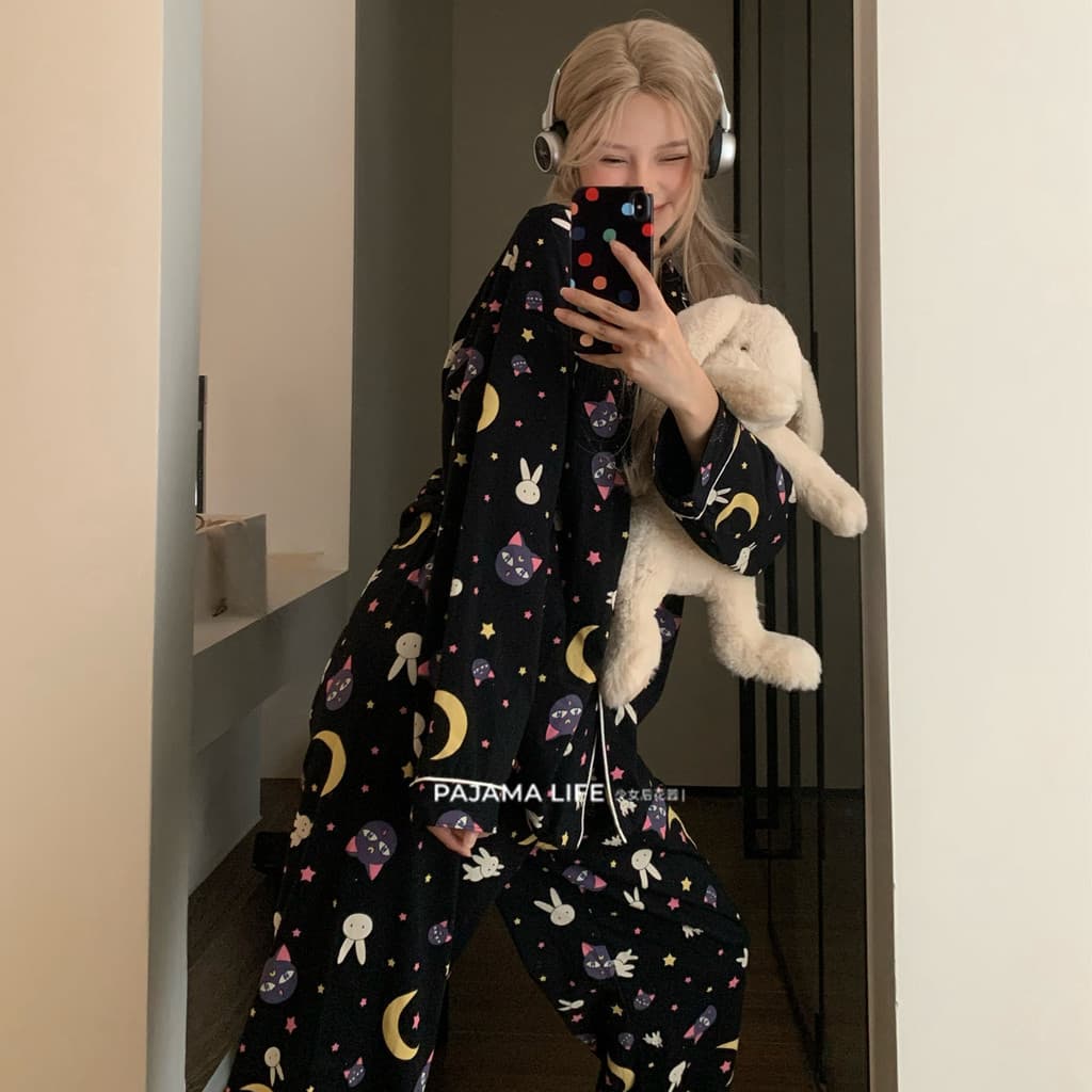Doce legal luna pequeno gato preto pijamas feminino primavera outono puro algodão de manga comprida bonito estudante Hom