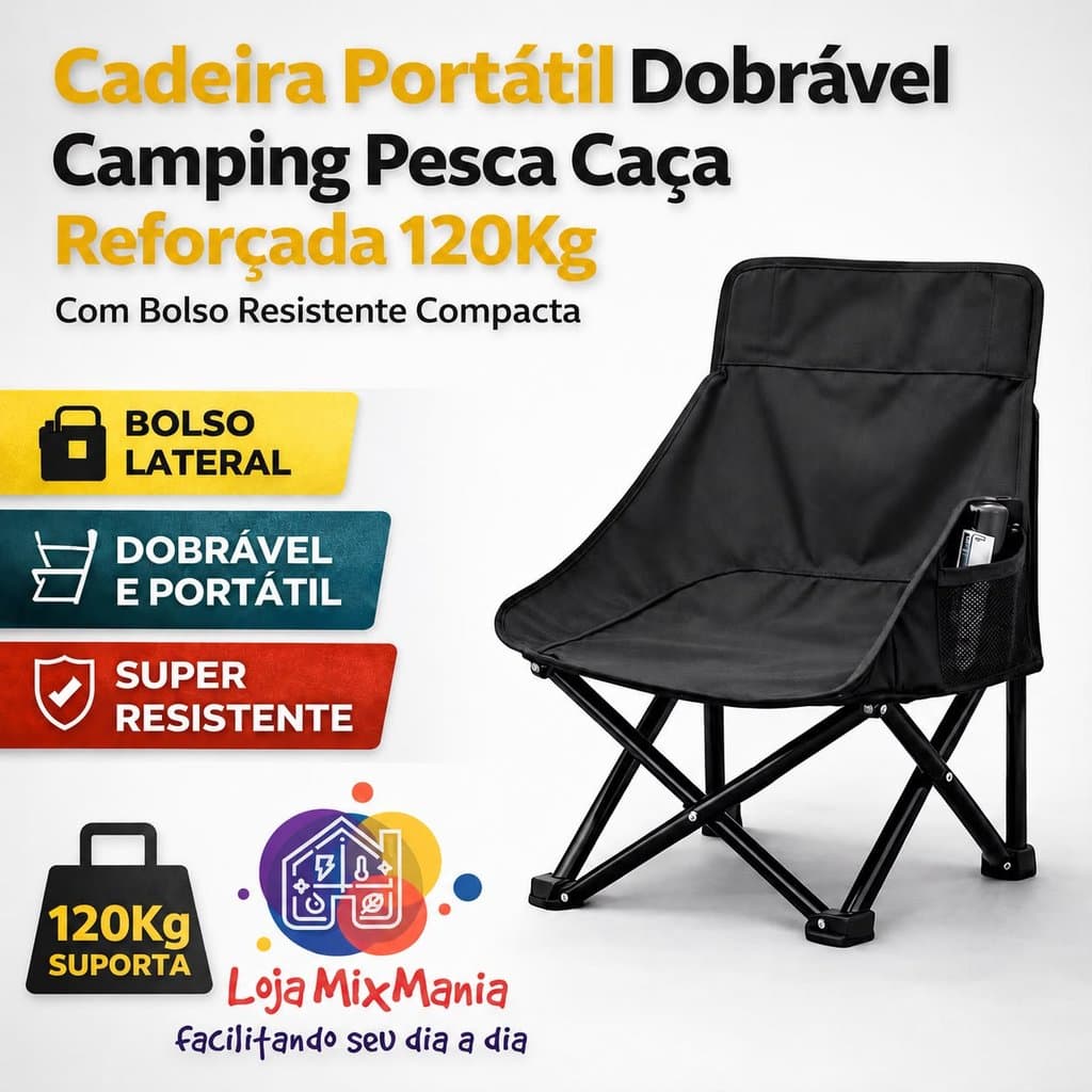 Cadeira Camping Dobrável Portátil Reforçada Pesca Caça Praia Churrasco Com Bolso Lateral Resistente