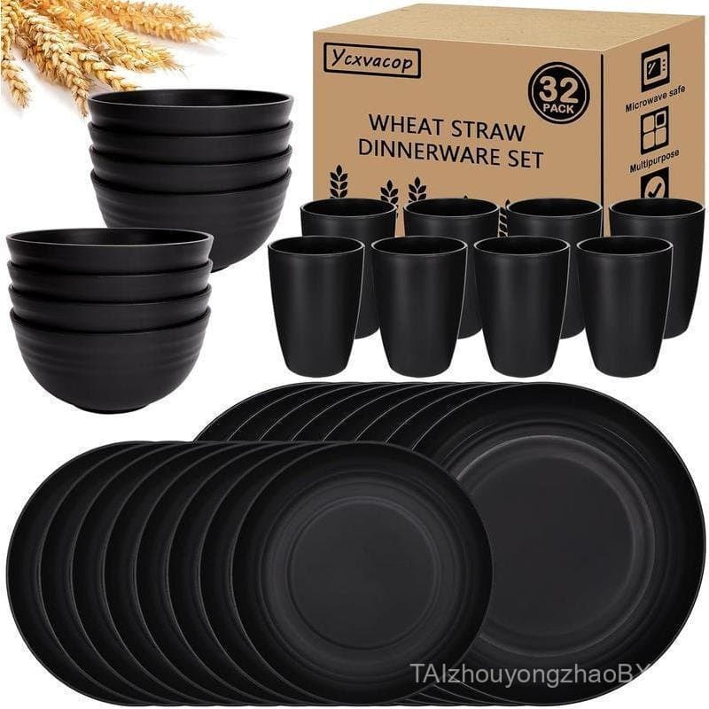 Conjunto de utensílios de mesa de plástico de palha de trigo Vexacop com 32 peças - pratos de jantar, pratos de sobremes