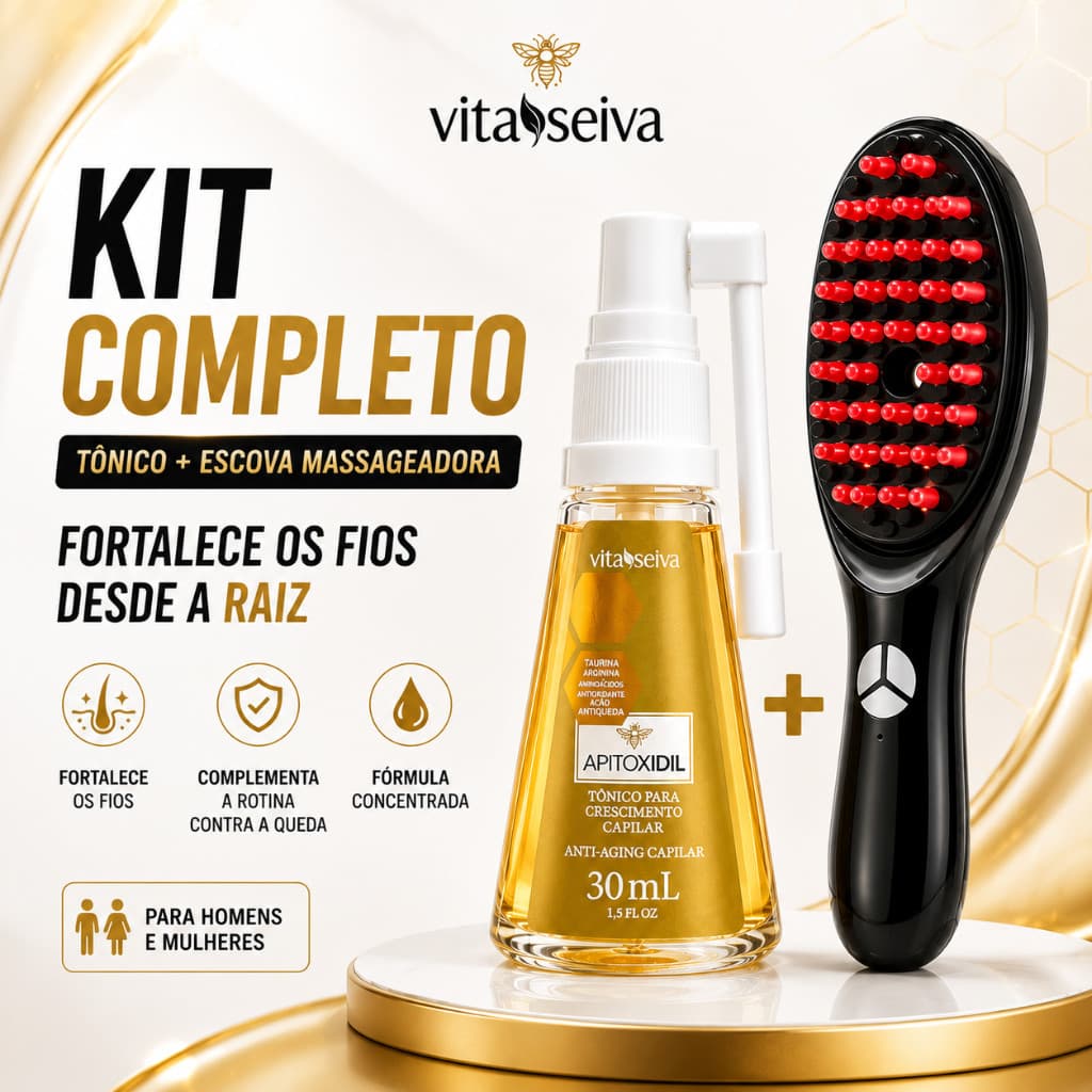 Tônico Capilar Vita Seiva Apitoxidil 30ml + Escova Massageadora Tônico de Crescimento Capilar Antiqueda