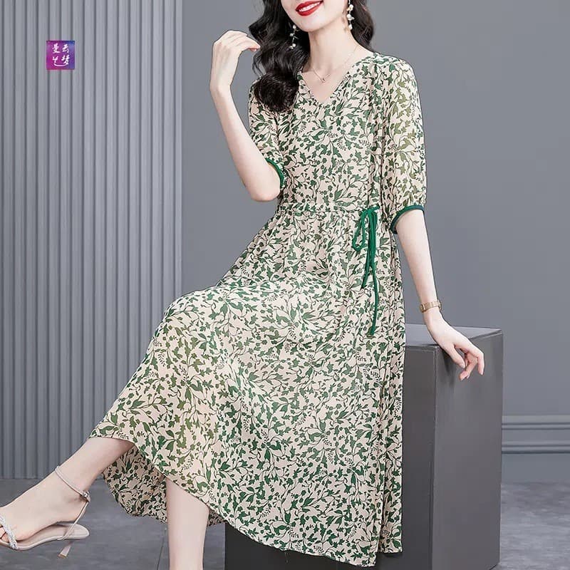 High-End temperamento Floral com decote em V vestido de manga curta verão novo estilo verde tamanho grande Mid-Le