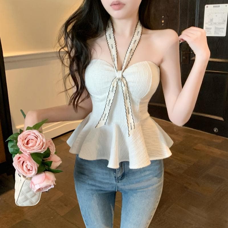 [Novidades] Camisola feminina com gola halter, roupa externa de verão, desejo puro, doce, quente, menina, Top tubo de um