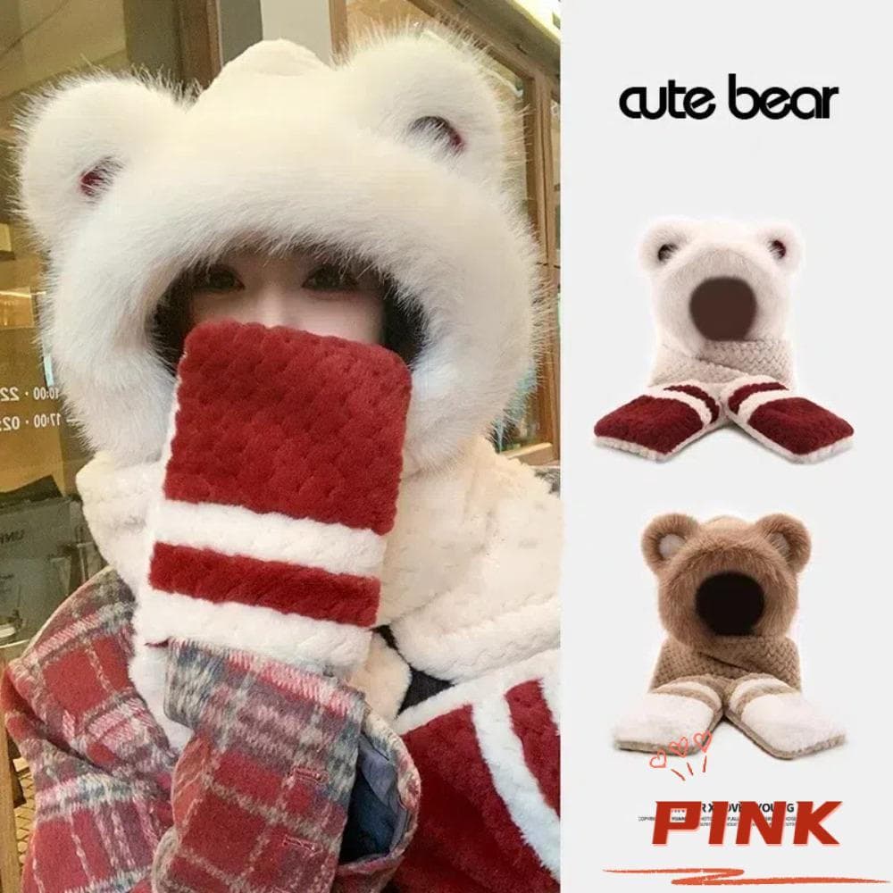 PINK1 Conjunto De Luvas De Chapéu De Cachecol , Orelha De Urso Espessante À Prova De Vento Lenço De Pescoço De Proteção