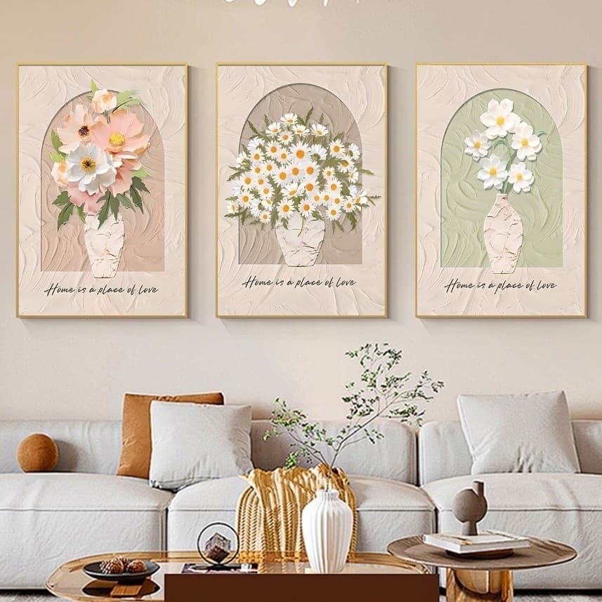 Kit 3 Quadros Decorativos Tulipas e Lírios em Estilo Nórdico Sala de Estar Quarto Decoração de Parede