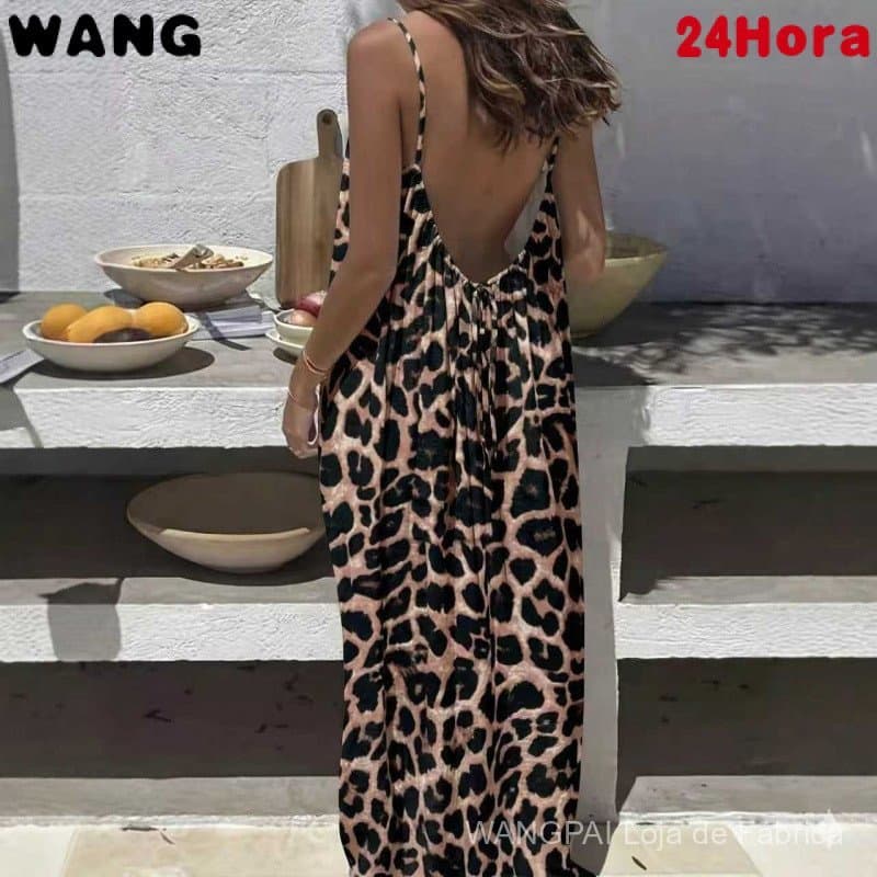 Vestido Longo Feminino Solto Estampado Sem Alças e Costas Descobertas