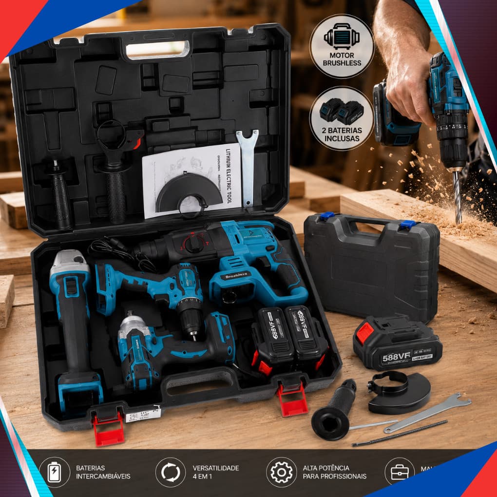 Kit 4em1 Ferramentas Martelete Esmerilhadeira Lixadeira Parafusadeira Chave Impacto Bateria 21v