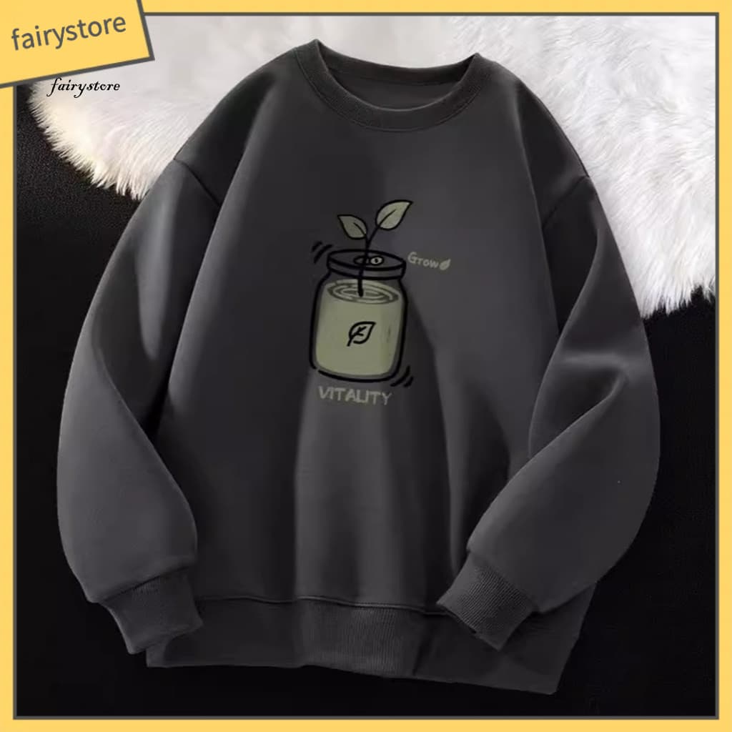 Sweatshirt with Ribbed Neckline Long Sleeve Cuff Men's Autumn Winter Pullover O Neck Loose Fit Pure Color Plant Print El
