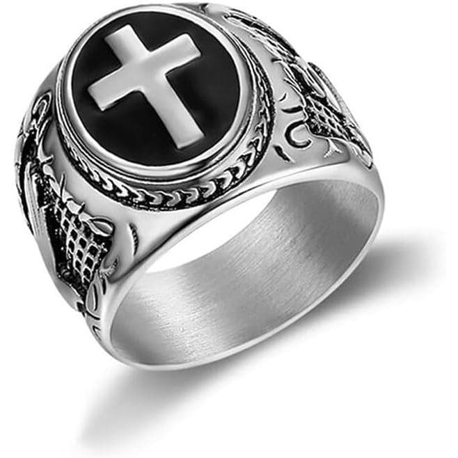 Anel Vintage Masculino em Aço Inoxidável, Anel Religioso com Cruz Sagrada e Esmalte Preto, Joia Cristã, Tamanhos 8-12