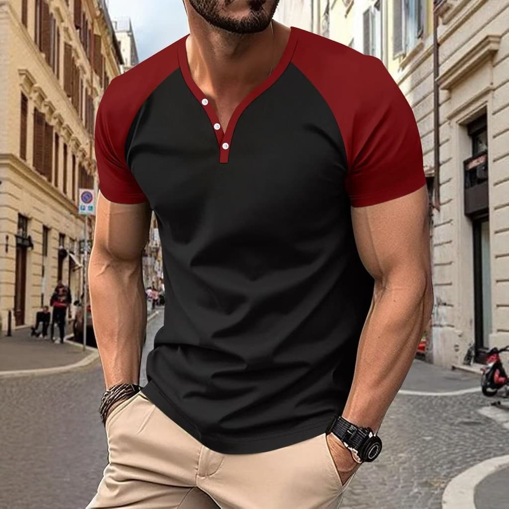 Verão masculino cor-bloqueando Raglan manga curta abotoado com decote em V Henry camisa respirável esportes Casual topo